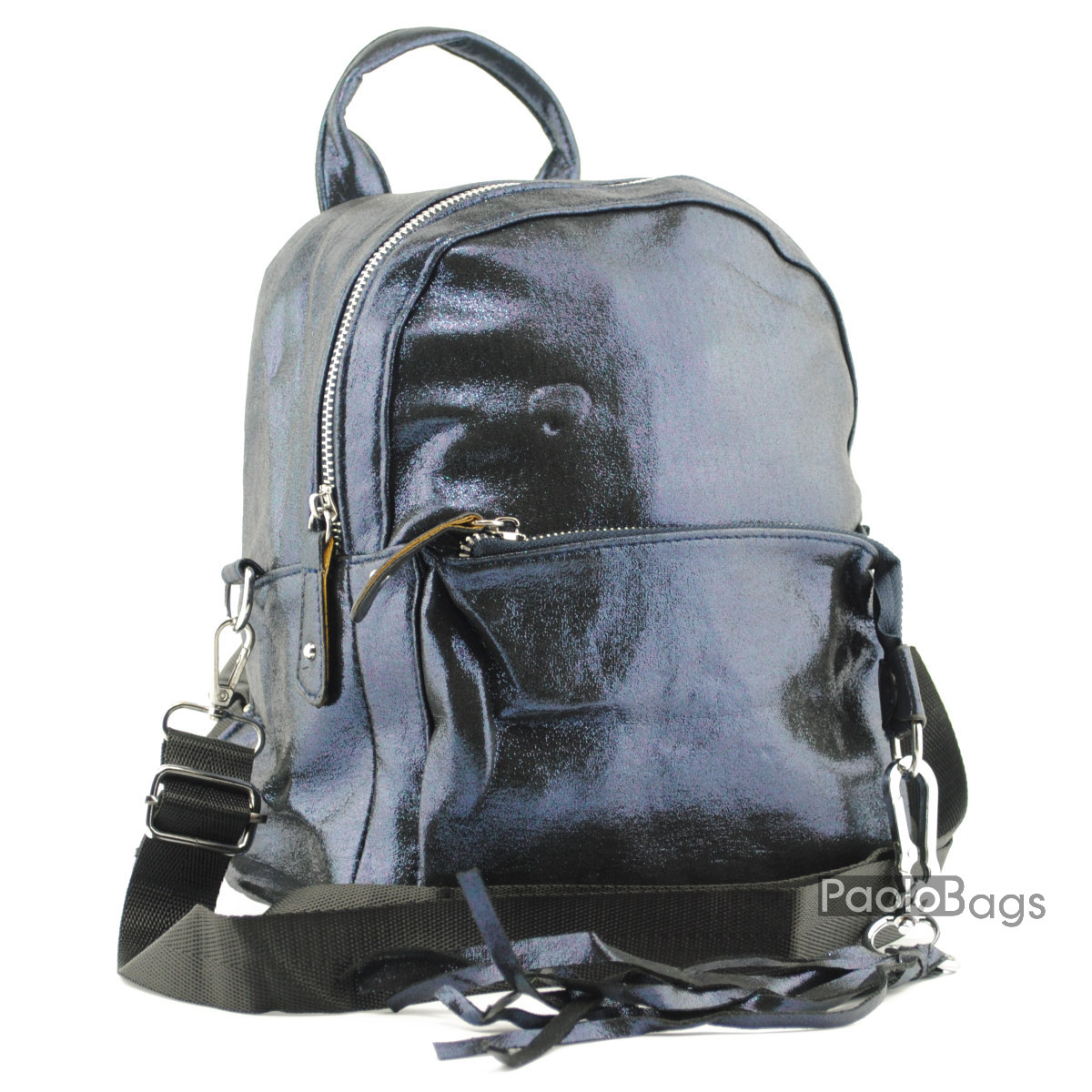 Синя дамска раница лек модел платнена с ефектен лек отблясък