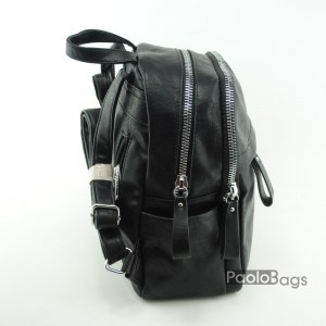 Черна дамска кожена раница с дебели ципове предно отделение и преден джоб бежова 18912